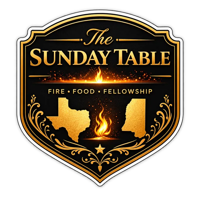 The Sunday Table crest: fire, food and fellowship, with Texas and Mississippi in gold.